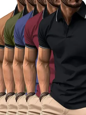 Men's Contrast Binding Buttons Polo Collar Shirt, Regular Fit Casual Fashion Short Sleeve Polo Collar Shirt Top, Polo Shirts ...