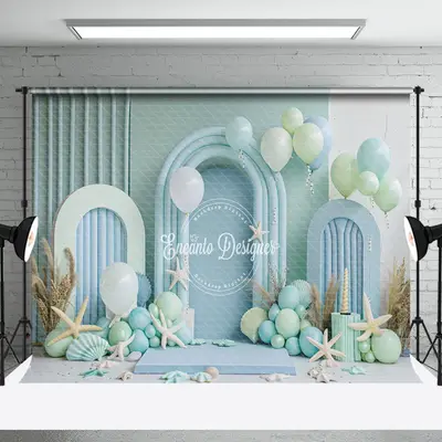 Arch Green Blue Balloon Summer Cake Smash Backdrop - Aperturee