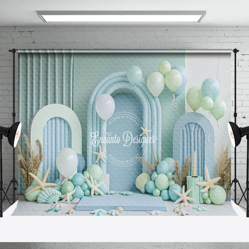 Arch Green Blue Balloon Summer Cake Smash Backdrop - Aperturee