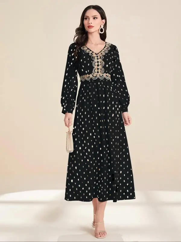 Women's Polka Dot Print Embroidery Long Sleeve Dress, Elegant Round Neck Long Dress for Daily Wear, Ladies Clothes for All Se...