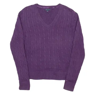 TOMMY HILFIGER Womens Jumper Purple V-Neck Cable Knit XL