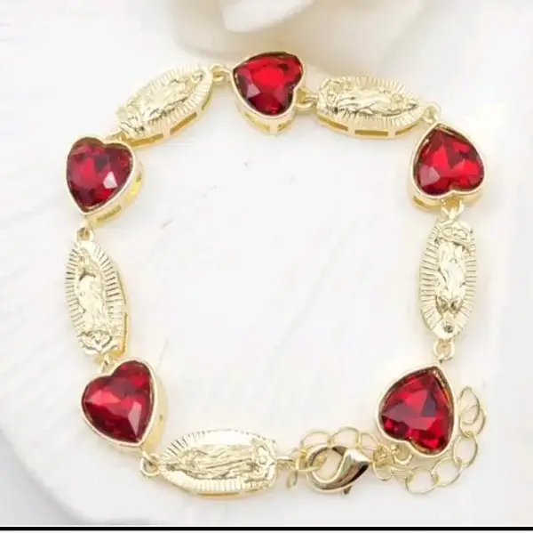 VIRGIN MARY cute bracelet red hearts  gold-plated  8\