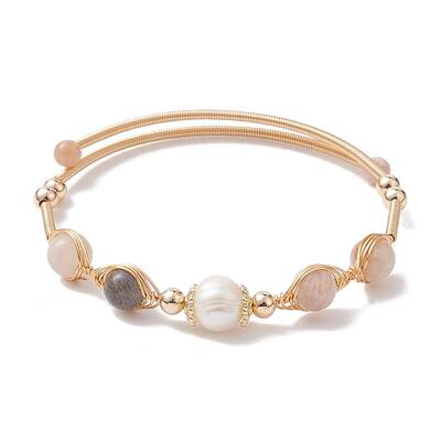 Natural Moonstone Round Beaded Cuff Bangle