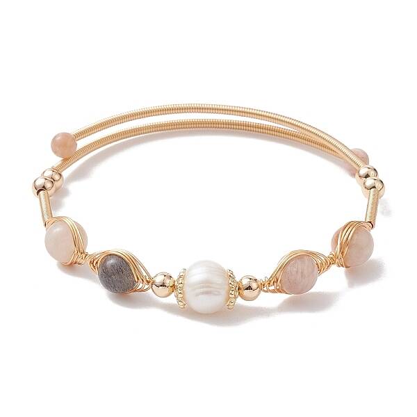 Natural Moonstone Round Beaded Cuff Bangle