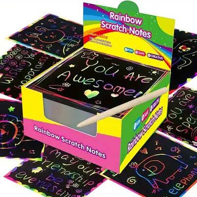 Rainbow Scratch Paper Note Cards, 100pcs Mini Art Notes with 2 Counts Wooden Styluses, DIY Party Favor Supplies for Birthday...