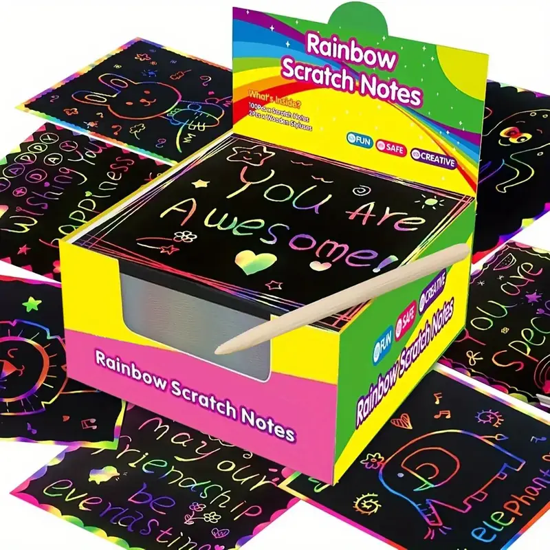 Rainbow Scratch Paper Note Cards, 100pcs Mini Art Notes with 2 Counts Wooden Styluses, DIY Party Favor Supplies for Birthday...
