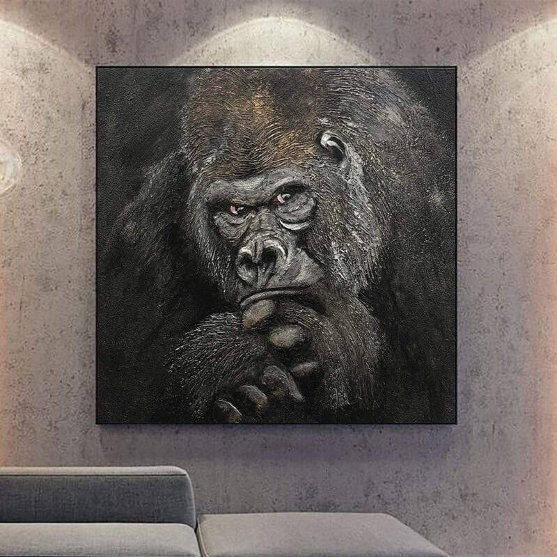 Large Animal Painting Canvas Abstract Gorilla Wall Art Heavy Textured Art Monochrome Artwork Realistic Animal Portrait Painti...