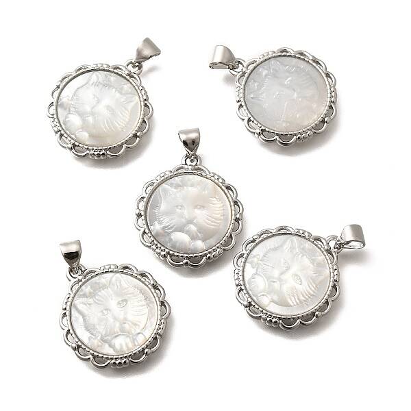 Brass Pave Natural White Shell Carved Cat endants