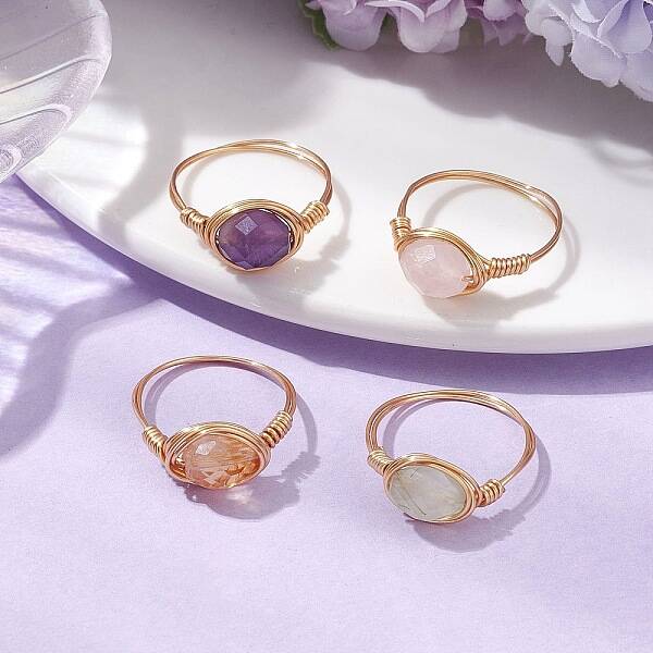 Oval Natural Rose Quartz & Prehnite & Amethyst & Citrine Finger Rings