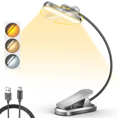 Glocusent Rotatable Reading Light, Portable Eye Protection, Bright 22LEDs, 3 Colors and 5 Adjustable Brightness, 1000mAh Rech...