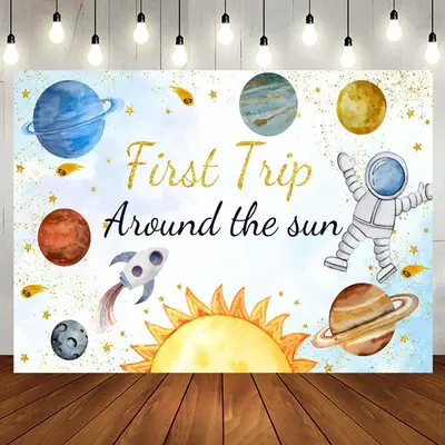 Aperturee Astronaut Planet First Trip Birthday Backdrop - Aperturee