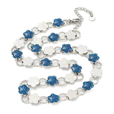 304 Stainless Steel Enamel Flower Link Chain Necklaces with Glitter Powder