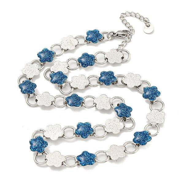 304 Stainless Steel Enamel Flower Link Chain Necklaces with Glitter Powder