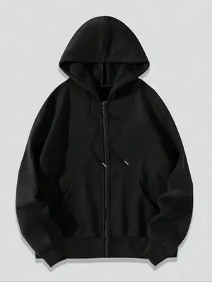 Men's Letter Print Zip Up Drawstring Hoodie, Regular Fit Casual Streetwear Pocket Hooded Sweatshirt for Daily Holiday Outdoor...