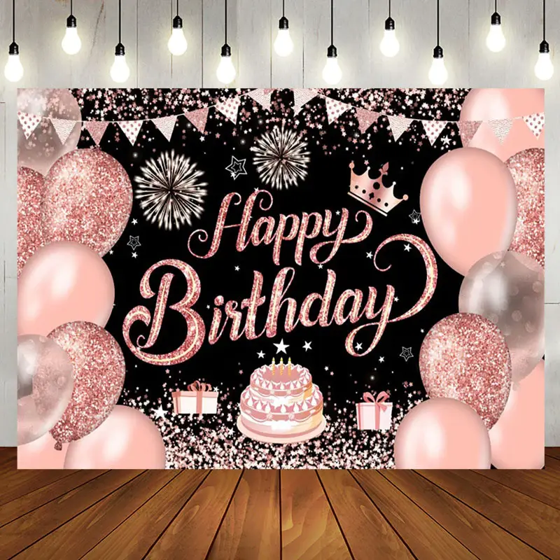 Black Pink Balloons Stars Cake Birthday Backdrop - Aperturee