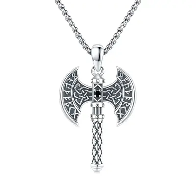 Sterling Silver Zircon Viking Rune Pendant Necklace for Men