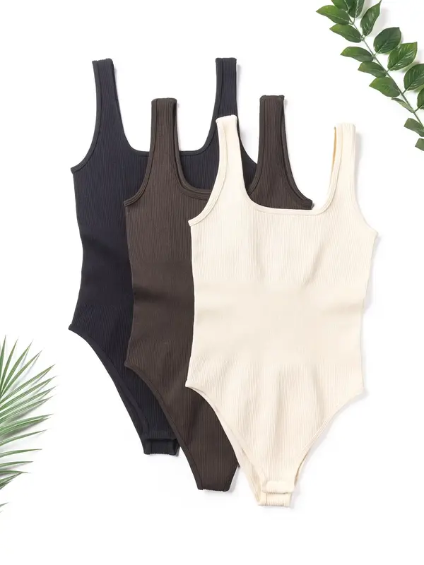 Sporty Women's Sleeveless Square Neck Sports Tummy Control Bodysuit, Casual Seamless Summer Tank Bodysuit, Workout Outfits, L...