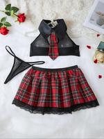 Women's Plaid Print Sheer Lace Sexy School Girl Lingerie Set, Breathable Elegance Romantic Sexy Tie Decor Halter Crop Top & T...
