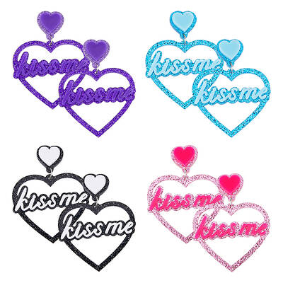 4 Pairs 4 Colors Heart with Word Kiss Me Acrylic Dangle Stud Earrings