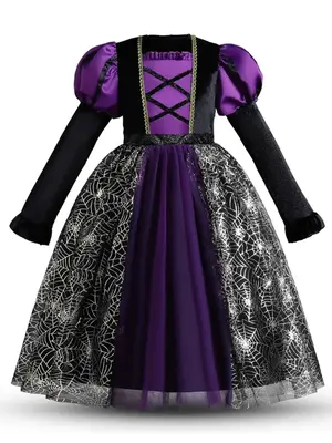 Girls'  Colorblock Spider Web Print Contrast Mesh Witch Costume Dress, Gothic Frill Trim Square Neck Leg-of-mutton Long Sleev...