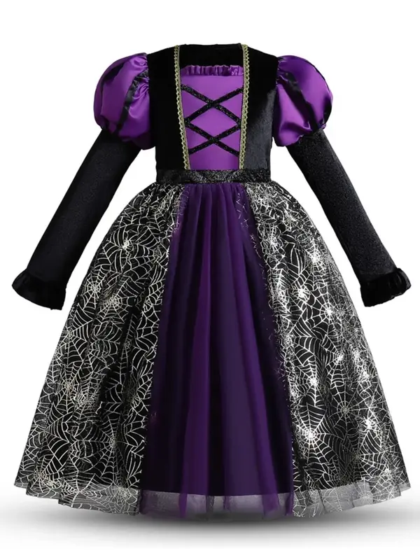 Girls'  Colorblock Spider Web Print Contrast Mesh Witch Costume Dress, Gothic Frill Trim Square Neck Leg-of-mutton Long Sleev...