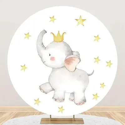 Cute Elephant Star Crown Round Baby Shower Backdrop - Aperturee