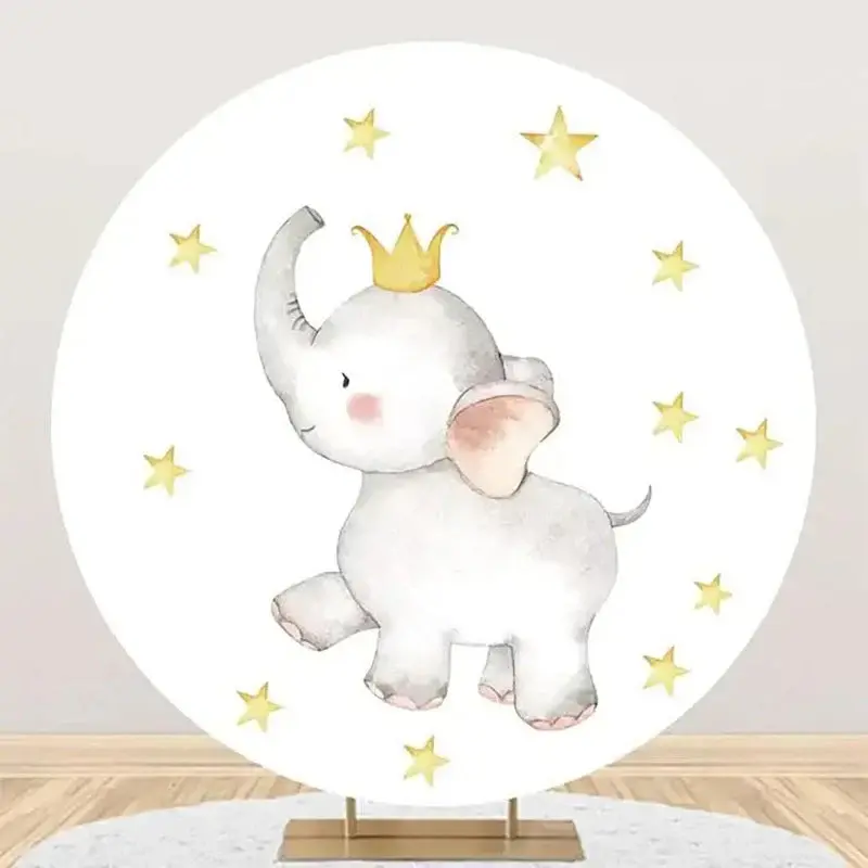 Cute Elephant Star Crown Round Baby Shower Backdrop - Aperturee