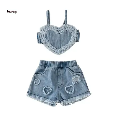 Baby Girls 2-Piece Outfit Sleeveless Heart Camisole and Elastic Ripped Denim Shorts Summer Clothing