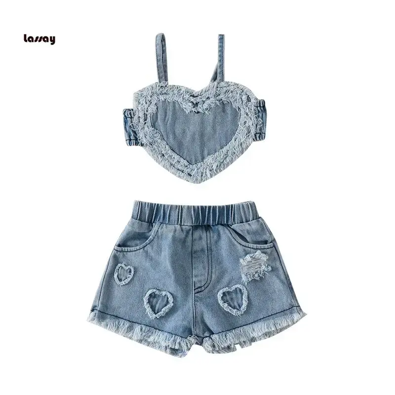 Baby Girls 2-Piece Outfit Sleeveless Heart Camisole and Elastic Ripped Denim Shorts Summer Clothing
