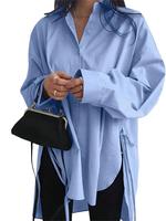 Women's Plain High Low Split Hem Button Front Shirt, Casual Drop Shoulder Long Sleeve Tie Side Top for Daily Wear, Ladies Clo...