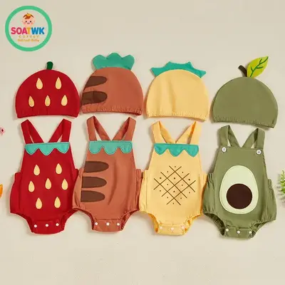 Baby Summer Outfit, Sleeveless Fruit Overalls Romper with Hat 2-piece Outfit for Boys Girls