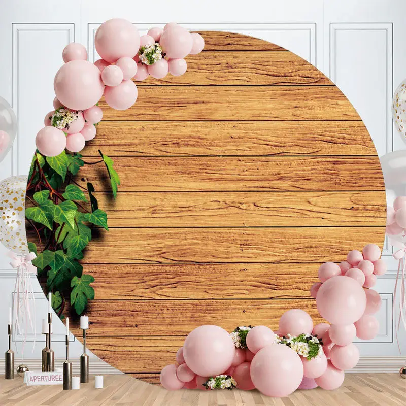 Aperturee Old Khaki And Leaves Round Wood Birthday Backdrop