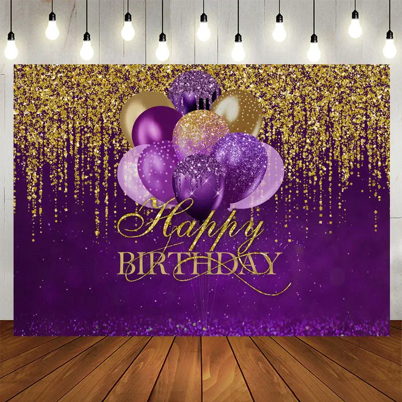 Aperturee Purple Balloons Gold Glitter Birthday Backdrop