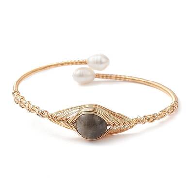 Natural Labradorite & Pearl Cuff Bangle