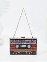 Rhinestone Decor Cassette Tape Design Bling Chain Evening Bag, Purse Women, Fashionable Letter Pattern Handbag for Party, Tre...