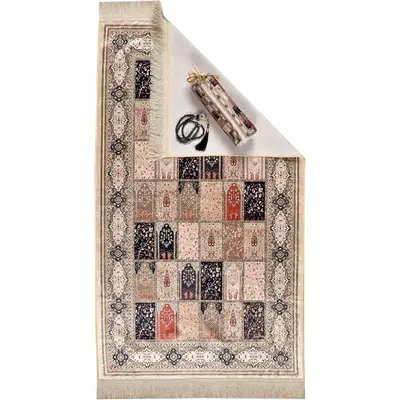 Velvet Janamaz with Prayer Beads & Pouch – Turkish Style Islamic Prayer Rug for Men & Women | A Sacred Space for Peace & Di...