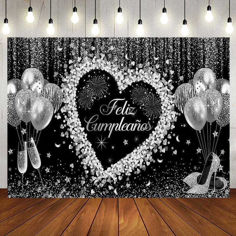 Love Balloon Silver Sparkle Glitter Birthday Backdrop - Aperturee