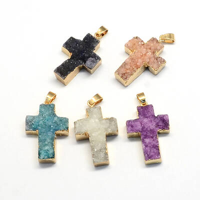 Plated Natural Druzy  Agate Cross Pendants