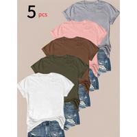 Women's Solid Round Neck Tee, Basic Short Sleeve T-shirt for Summer, T Shirts for Women, Casual Women's Top for Daily Wear Wo...