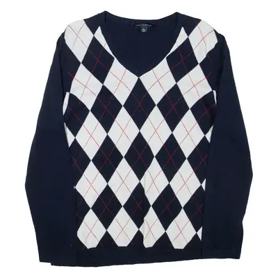 TOMMY HILFIGER Womens Patterned Jumper Blue Argyle V-Neck Tight Knit XL