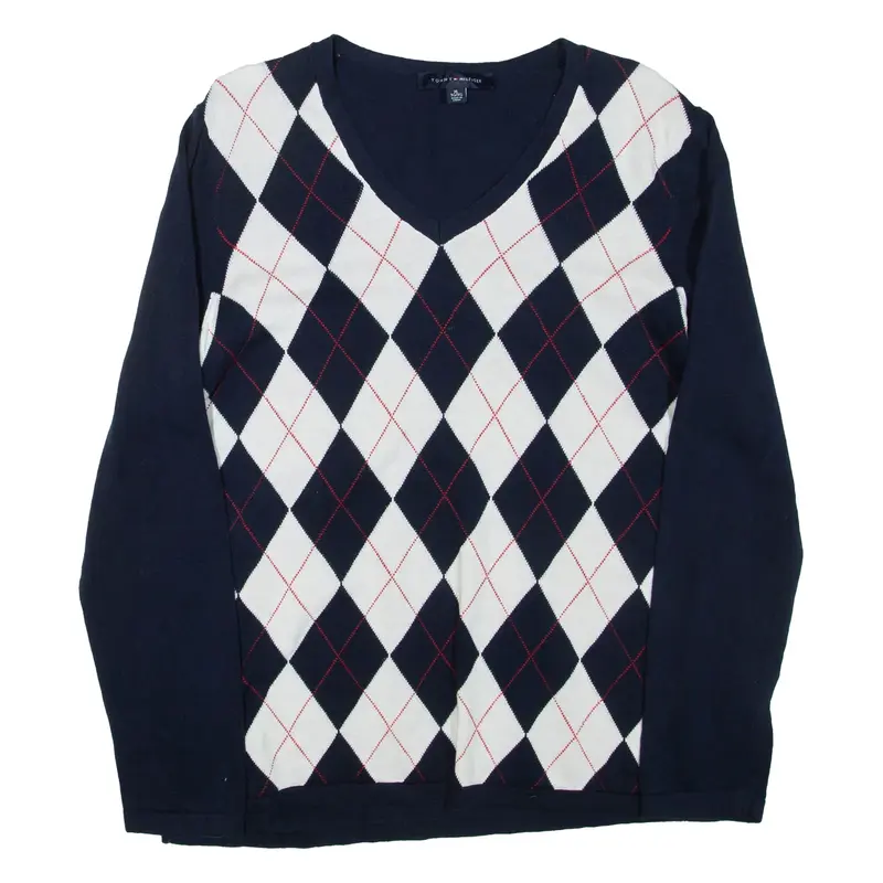 TOMMY HILFIGER Womens Patterned Jumper Blue Argyle V-Neck Tight Knit XL