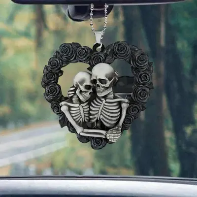 Creative Skull & Heart Shaped Design Car Hanging Ornament, 1 Count Car Rearview Mirror Hanging Decoration, Car Interior Decor...