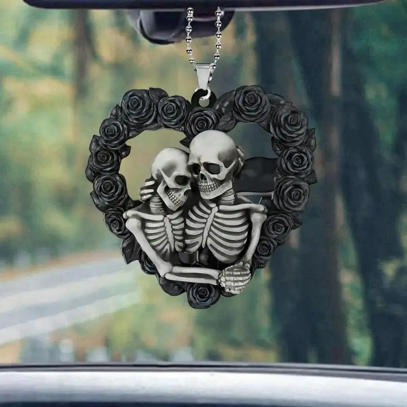 Creative Skull & Heart Shaped Design Car Hanging Ornament, 1 Count Car Rearview Mirror Hanging Decoration, Car Interior Decor...