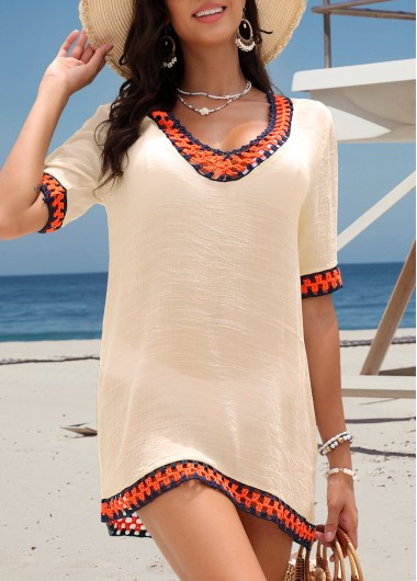 Modlily Beige Short Sleeve V Neck Cover Up - L