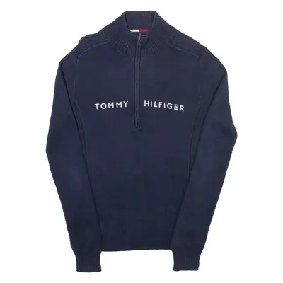 TOMMY HILFIGER Mens Jumper Blue 1/4 Zip Tight Knit Cashmere XS