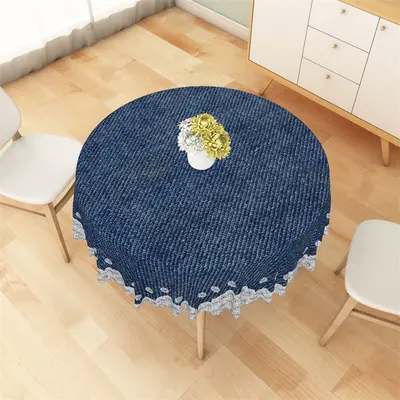 Diamonds Dark Blue Denim Textured Round Tablecloth - Aperturee