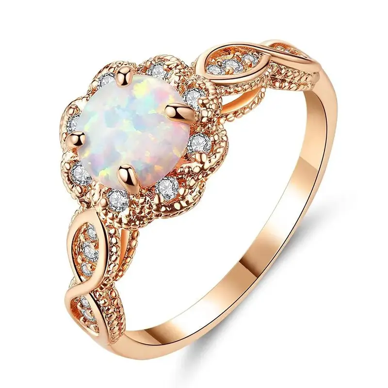 Sterling Silver with Rose Gold Plated Round Shaped Moissanite & Opal Couple Wedding Ring