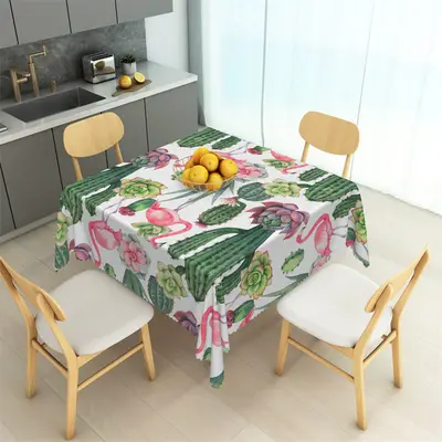 Red Flamingo Green Cactus Floral Square Tablecloth - Aperturee