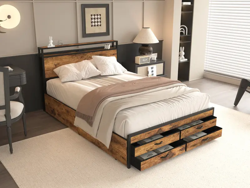 Full/Queen Size Bed Frame with 8 Storage Drawers, LED Headboard with Charging Station, Metal Platform Bed Frame, Stable and S...