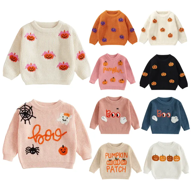 Toddler Baby Boy Girl Halloween Sweater Long Sleeve Round Neck Bow Pumpkin Embroidery Knit Pullover Tops